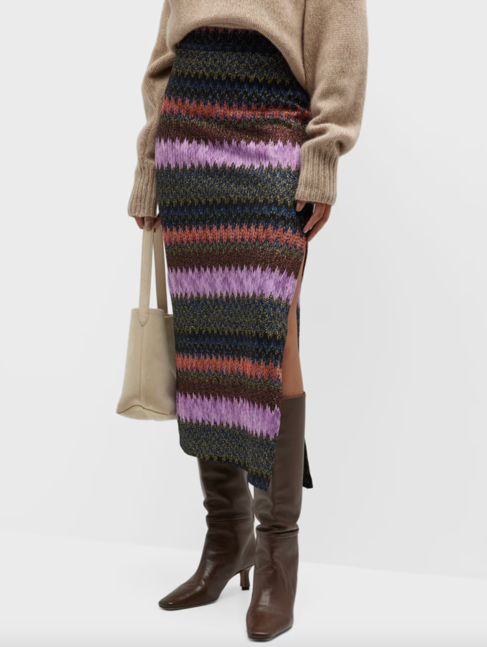 Ramy Brook Metallic Zig Zag Knit Midi Skirt Small Whiskey Asymmetric